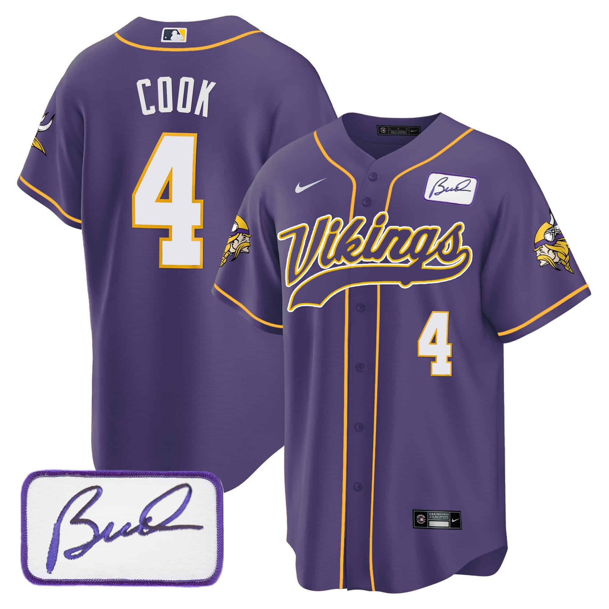 Men Minnesota Vikings 4 Cook Purple 2024 Nike Bud Grant Patch Classic Baseball NFL Jersey style 1
